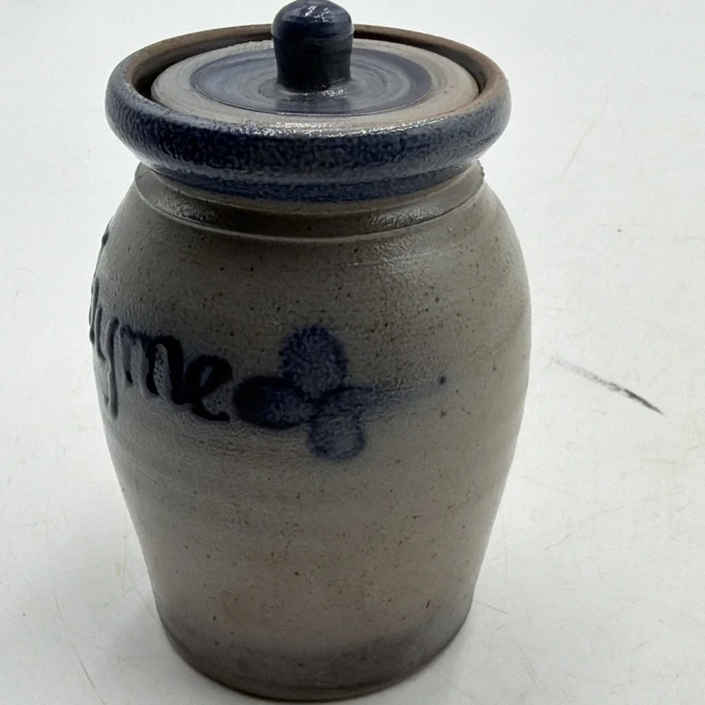 1991 Vintage Rowe Pottery Stoneware Spice Herb Jar Thyme Gray Dark Blue Cobalt